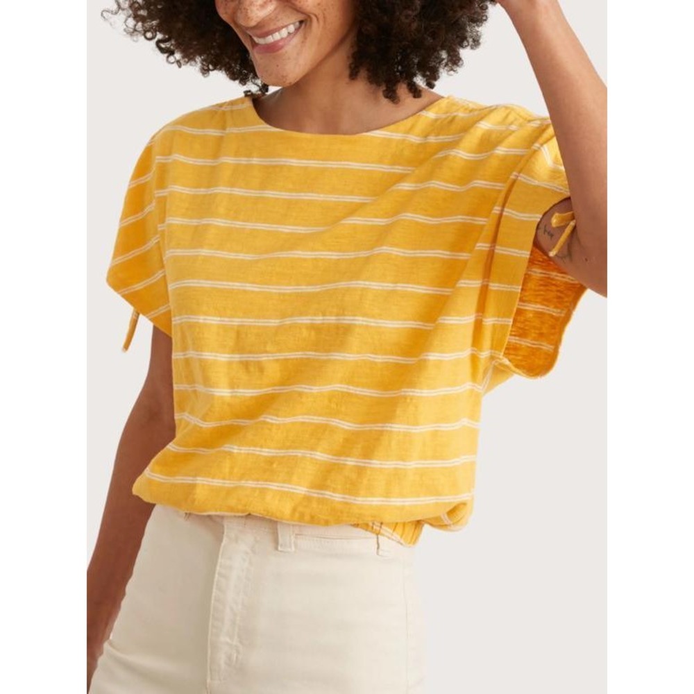 Marine Layer Womens Yellow White‎ Striped Cotton Cinched Sleeve Blouse Top M